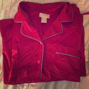 Silk pajama set, red, button up top and bottom